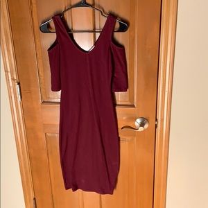 A maroon peek shoulders v-neck/back dress